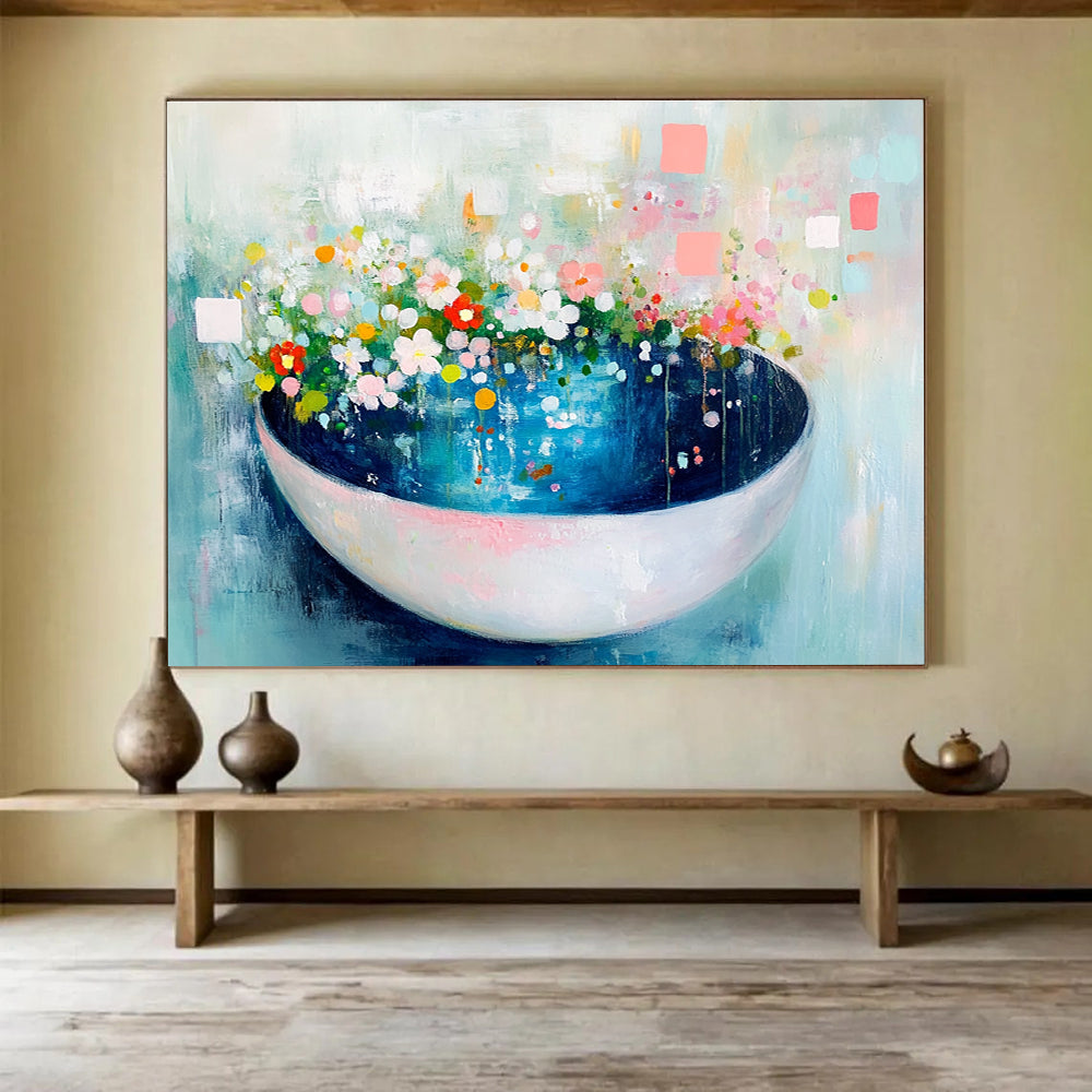 Floral Bowl Abstract Painting with Whimsical, Garden - Inspired Charm ABS494