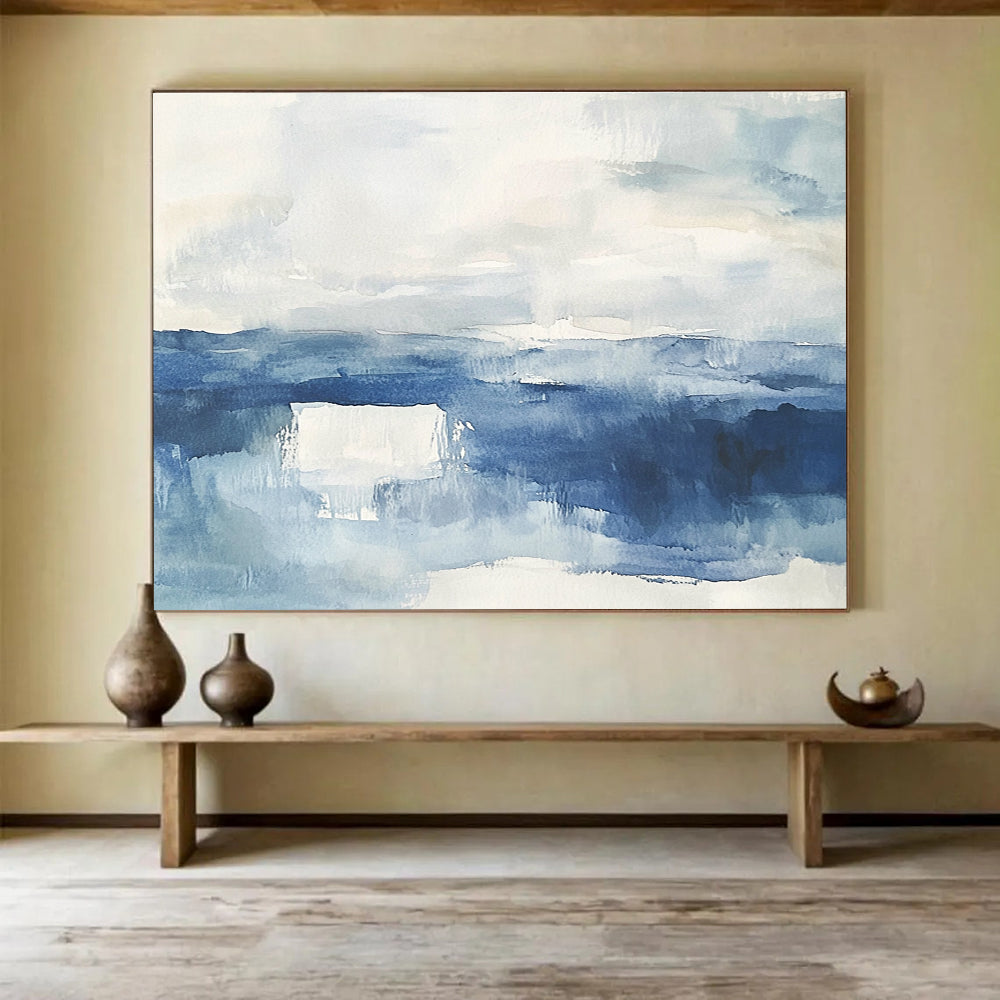 Blue Watercolor Seascape Abstract Painting with Calm, Fluid Beauty ABS448