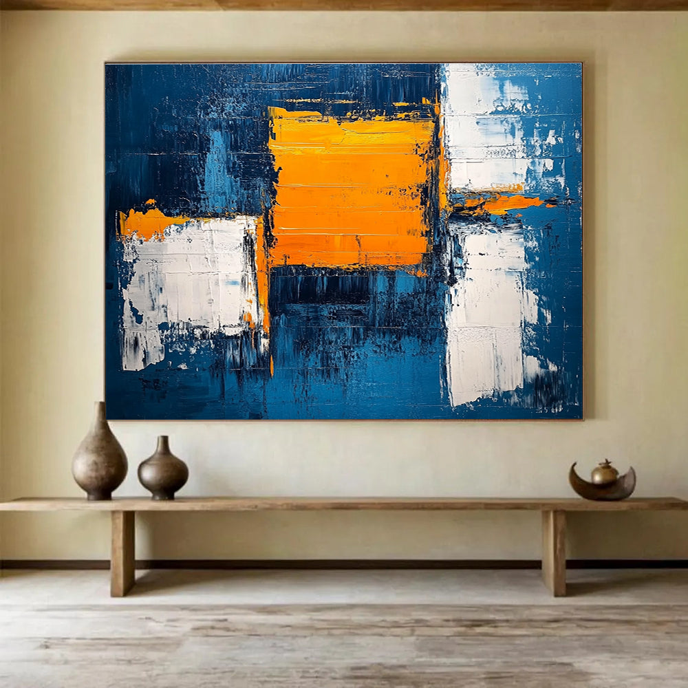 Blue and Orange Geometric Abstract with Textured Edges Abstract Painting ABS382