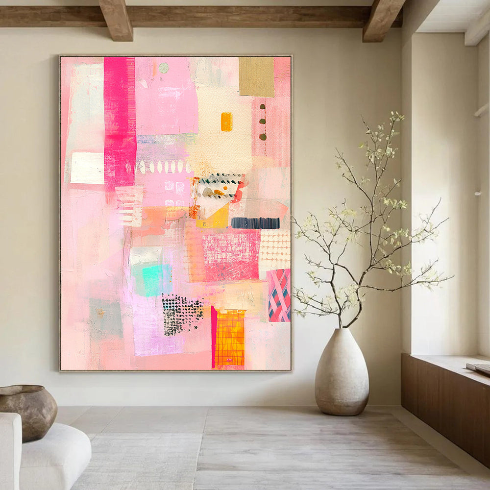 Pink Abstract Collage Painting for Feminine - Themed Boutiques GAB1348