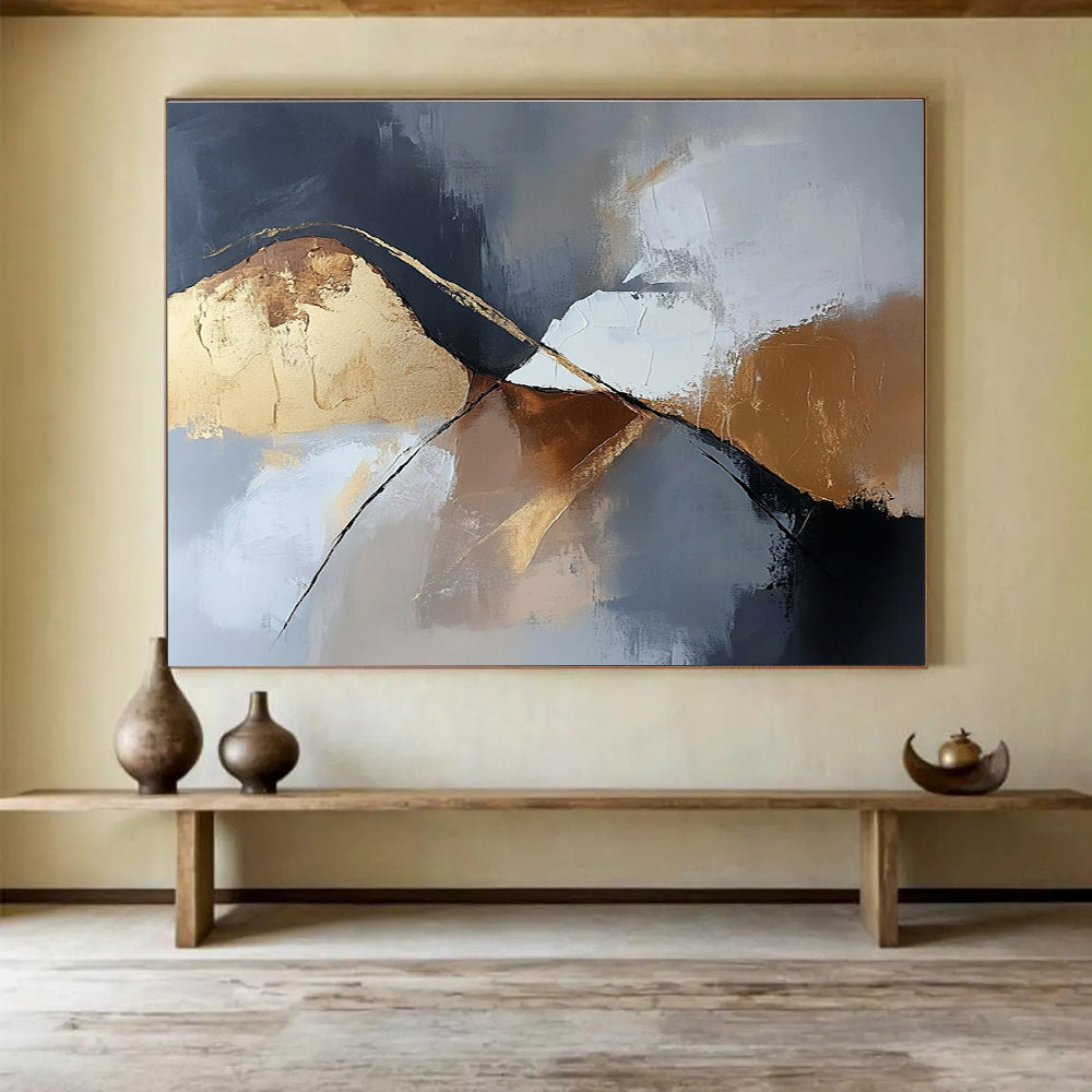 Gold - Accented Mountain Abstract Painting with Dramatic, Minimalist Peaks ABS485