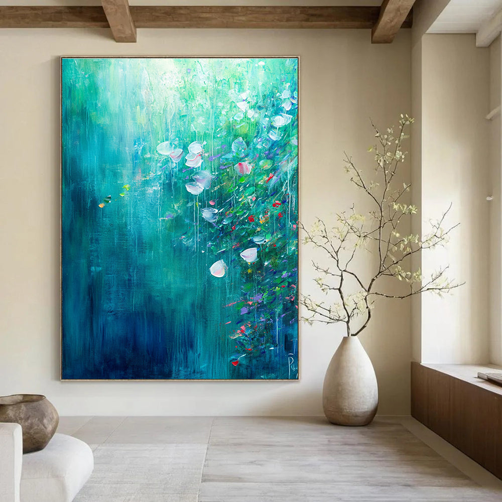 Teal Floral Abstract Painting for Tranquil Gardens GAB0745
