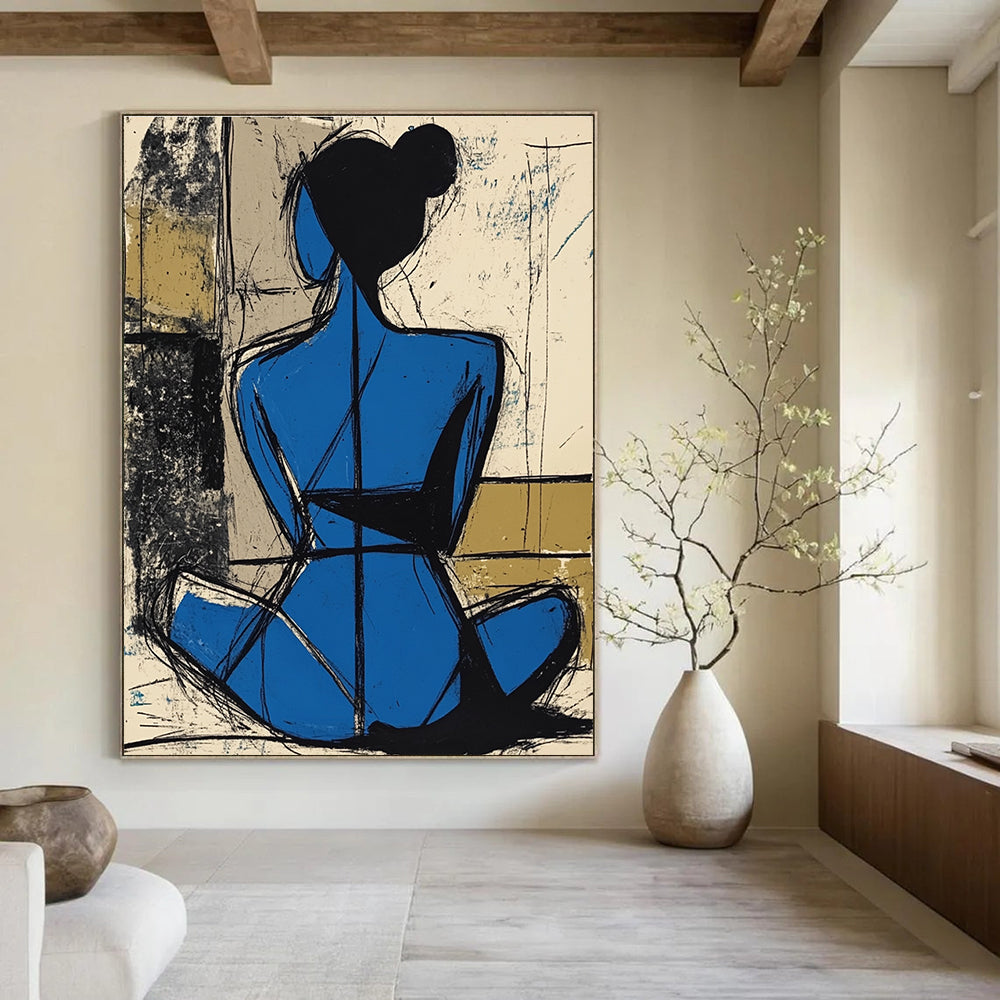 Blue Figure Silhouette Abstract Painting of Graceful Form GAB0116