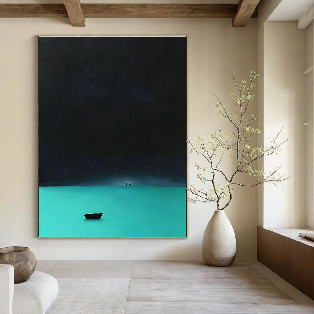 Night Lake with Boat Abstract Painting for Serene Bedroom Retreats GAB1341