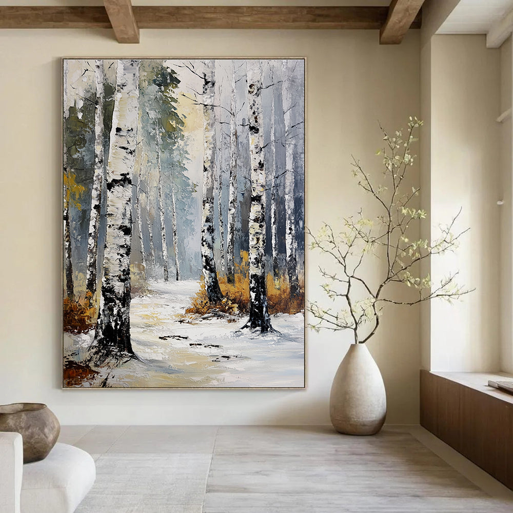 Winter Birch Forest Abstract Painting for Cozy Cabin Living Rooms GAB1310