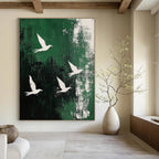 White Birds on Green Abstract Painting for Nature - Loving Cafes GAB0826