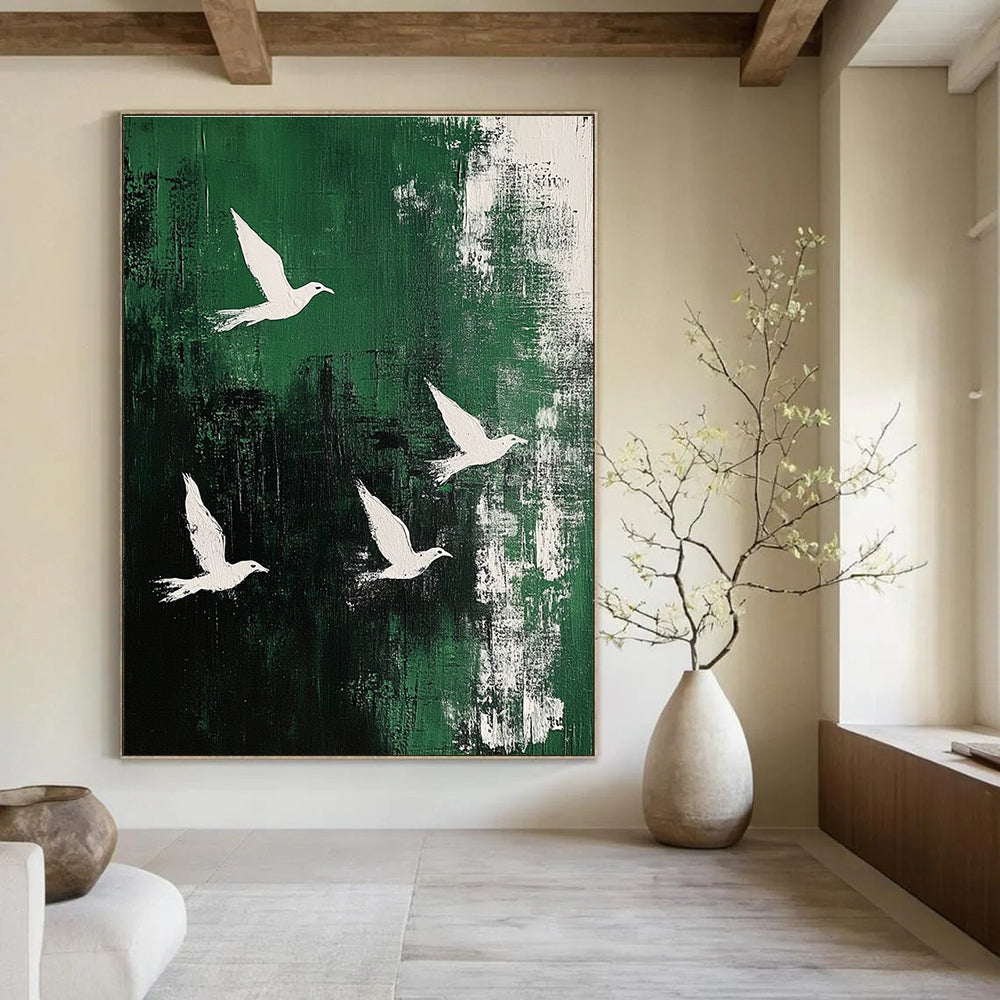 White Birds on Green Abstract Painting for Nature - Loving Cafes GAB0826