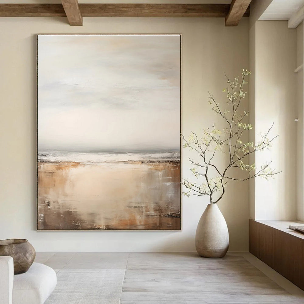 Neutral - Toned Seaside Abstract Painting for Coastal - Themed Spas HENG132