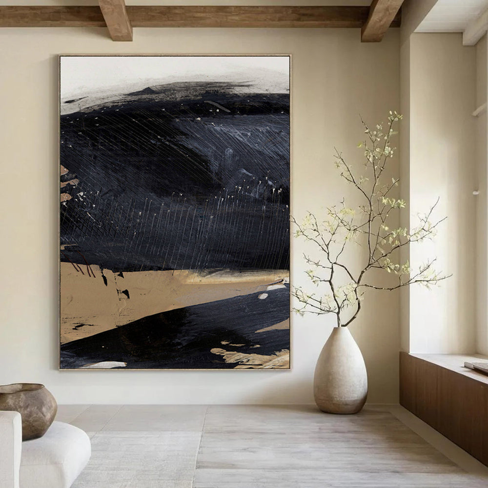 Textured Black - Beige Abstract Painting for Minimalist Home Studios HENG203