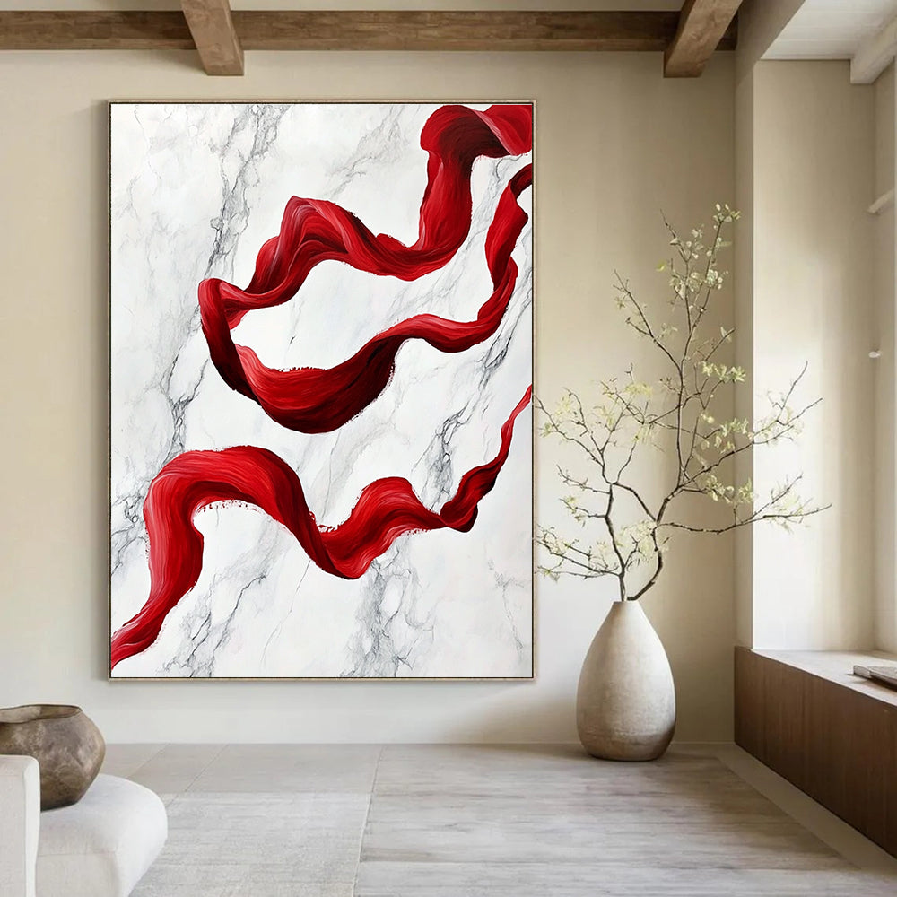 Red Ribbon on Marble Abstract Painting for Luxurious Spaces GAB1459
