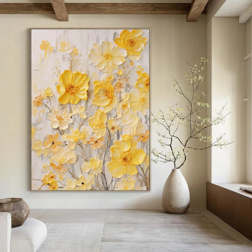 Delicate Textured Yellow Flowers Painting for Serene Interiors HENG289