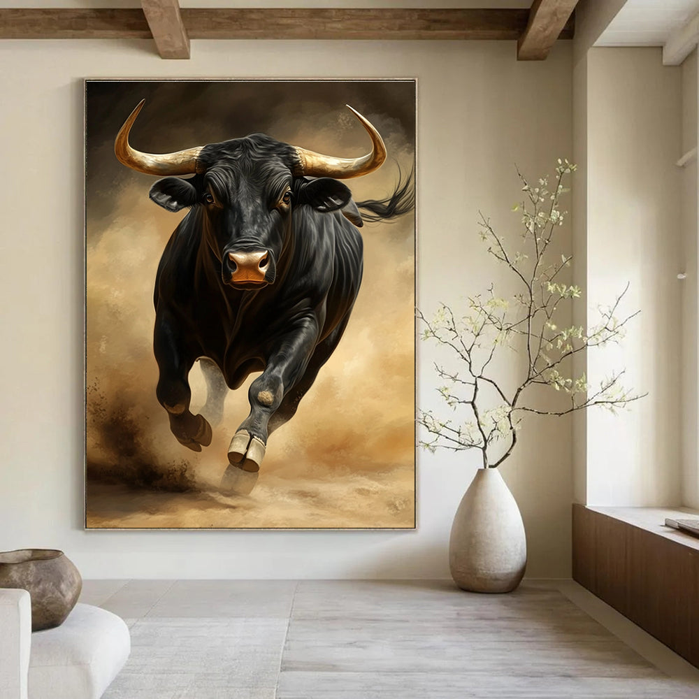 Realistic Charging Black Bull Abstract Painting GAB0033