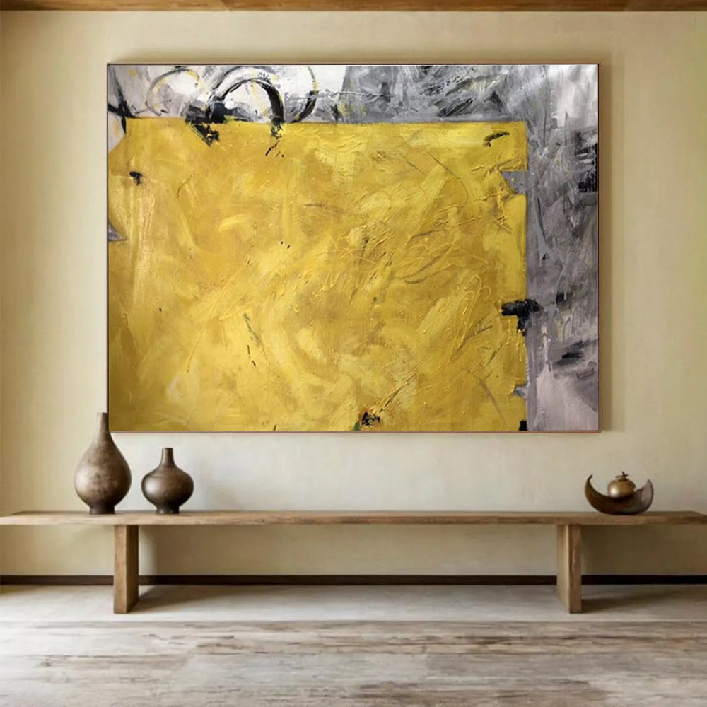 Bold Yellow Block Abstract Painting for High - Energy Spaces YHT153