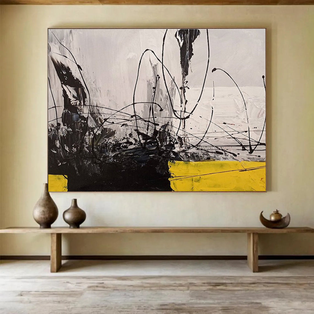 Black - White - Yellow Abstract Painting for Dramatic Spaces YHT008