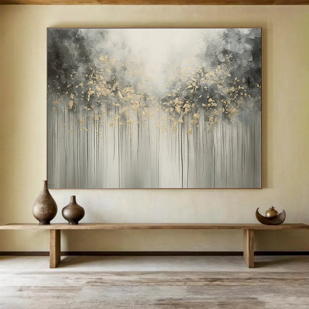 Gray and Gold Dripping Trees Abstract Painting for Elegant Living Rooms YHT320