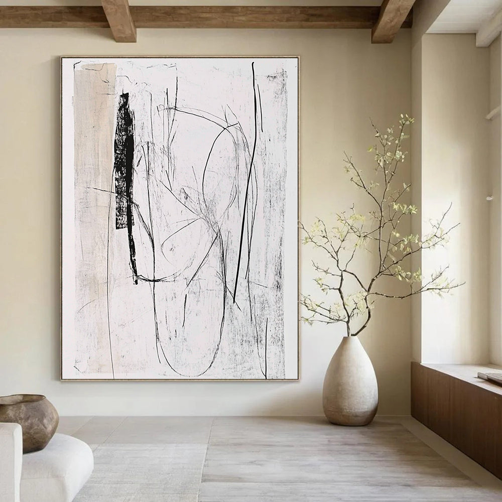 Black and White Sketch Abstract Painting of Minimalist Lines GAB0117