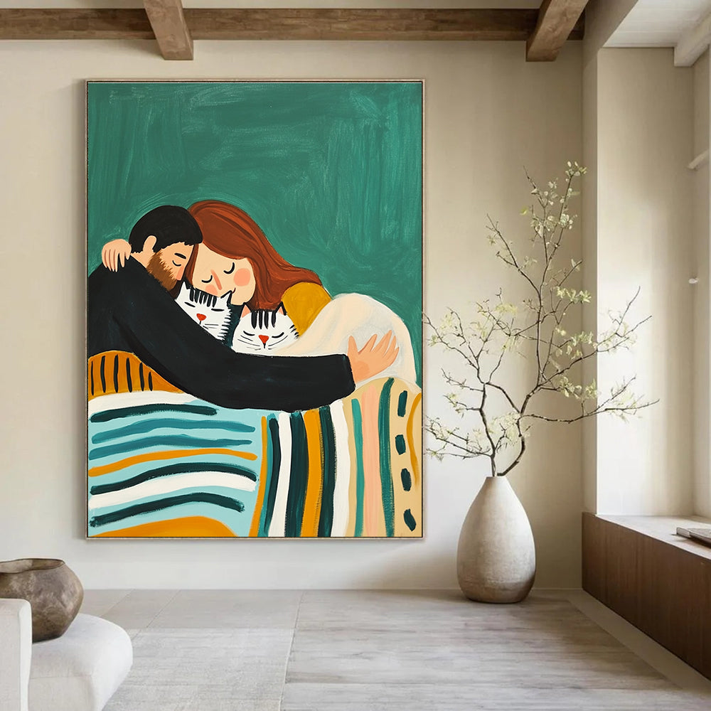 Cozy Family and Cats Painting with Heartwarming Charm GAB0106