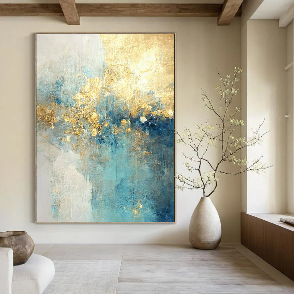 Blue - Gold Abstract Landscape Painting for Coastal Home Offices HENG077