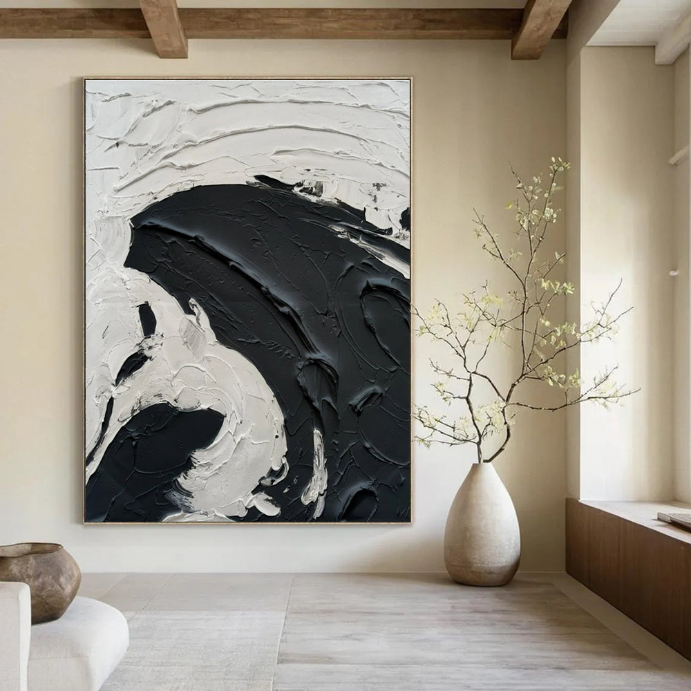 Black - White Swirl Textured Art Abstract Painting for Bold Interiors HENG389