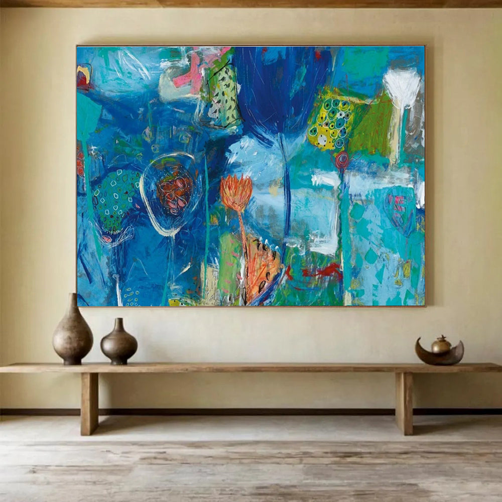 Blue Abstract Floral Painting for Calming Spa Interiors YHT245