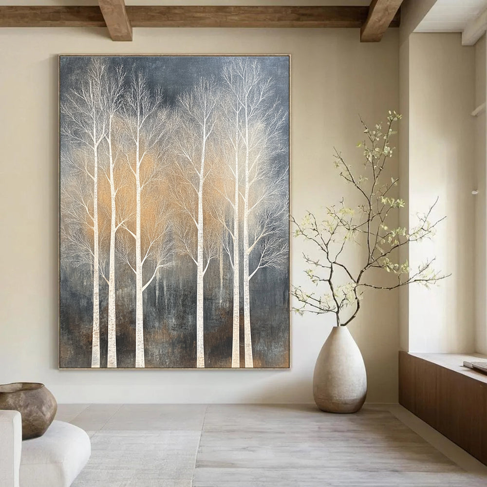 White Trees on Dark Background Abstract Painting for Nature - Inspired Living Rooms GAB0816