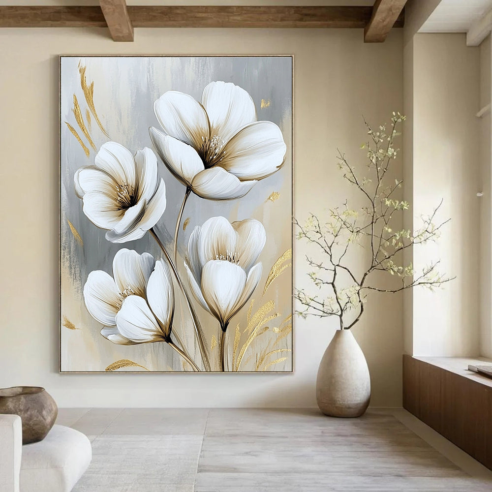 White Flowers with Gold Luxe Abstract Painting for Glamorous Interiors GAB1524