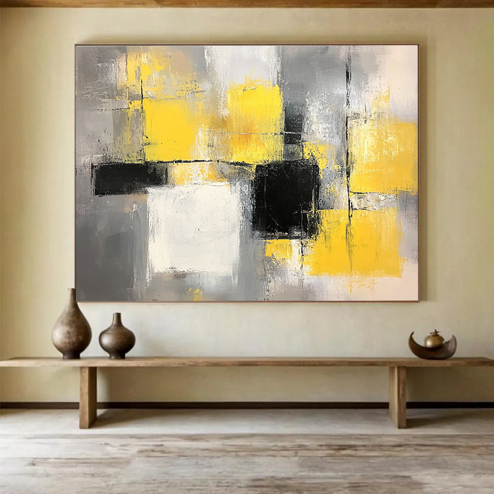 Yellow, Gray and Black Geometric Abstract Painting with Vibrant and Neutral Tones ABS400