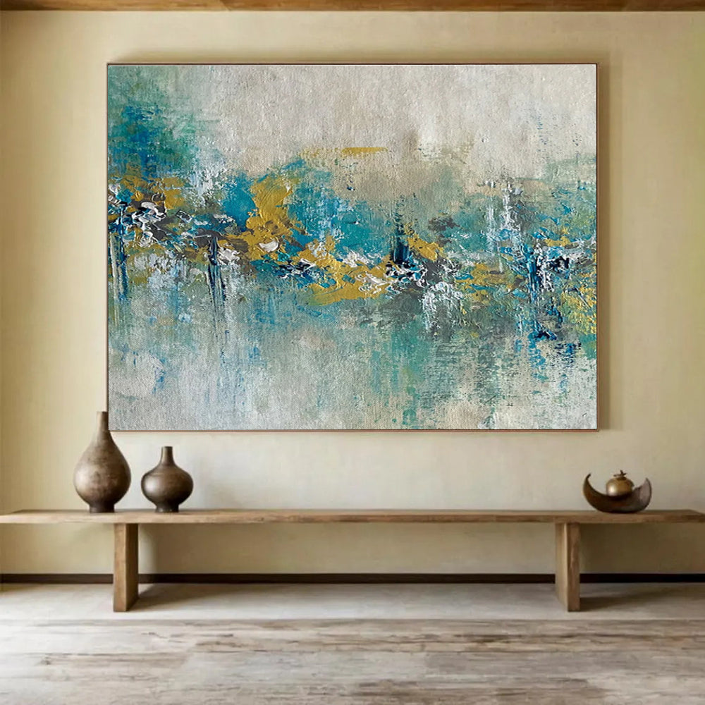 Teal and Gold Abstract Band Painting for Coastal - Themed Restaurants YHT342