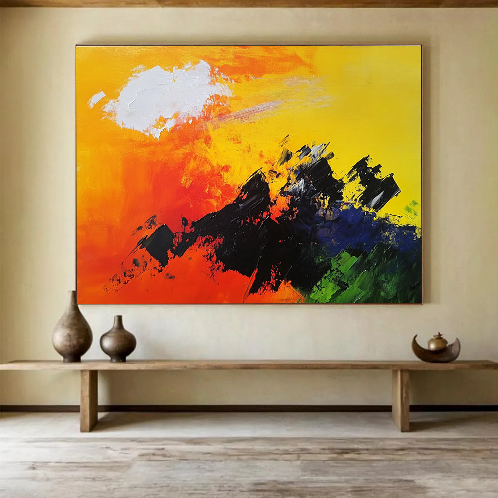 Bold Color Mountain Silhouette with Vivid Sky Abstract Painting ABS342