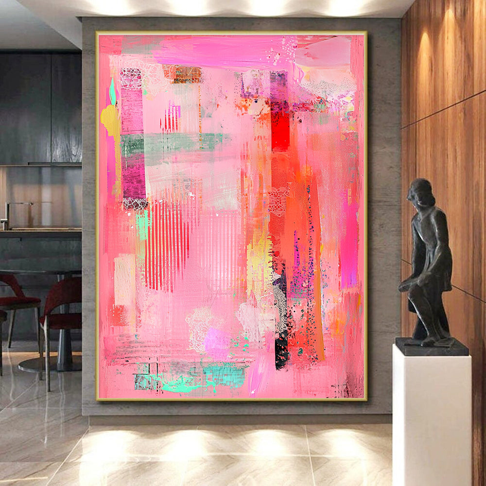 Intricate Pink Collage Abstract Painting with Whimsical Detail WINK255
