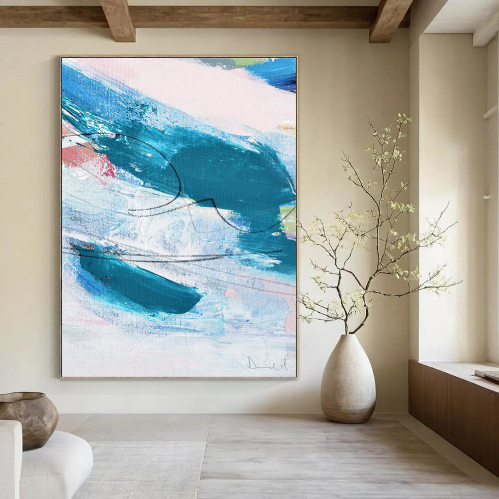 Blue - Teal Abstract with Curves Painting for Coastal - Inspired Spaces HENG151