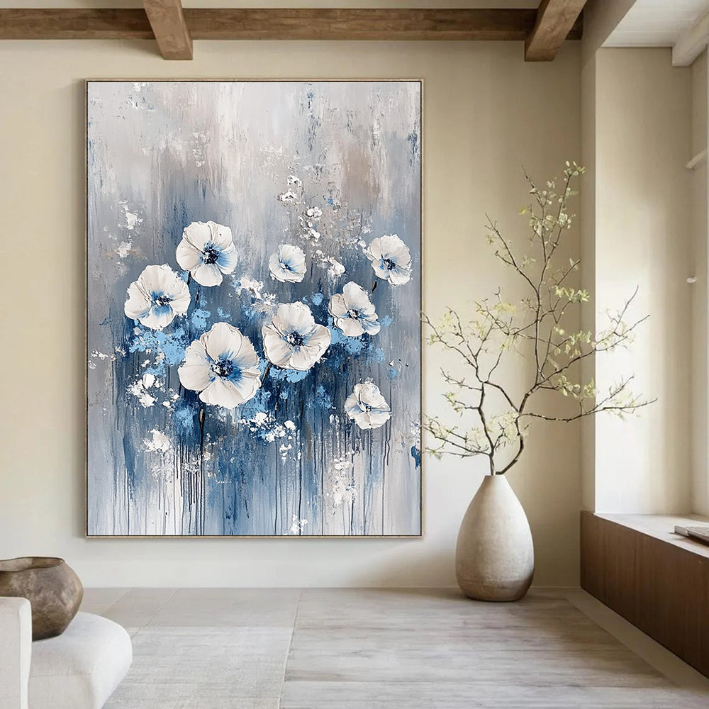 White and Blue Floral Abstract - Textured Botanical Abstract Art GAB0466