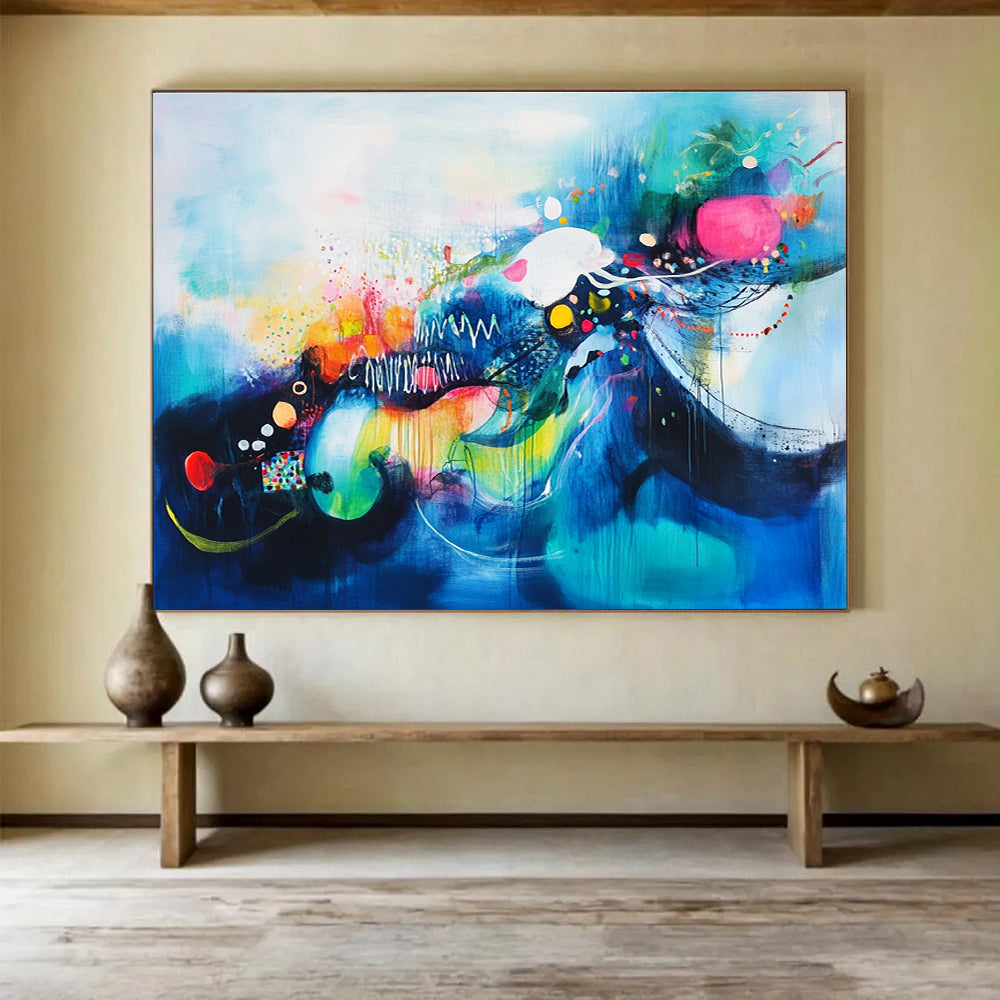 Blue - themed Colorful Abstract with Whimsical Elements Abstract Painting ABS383