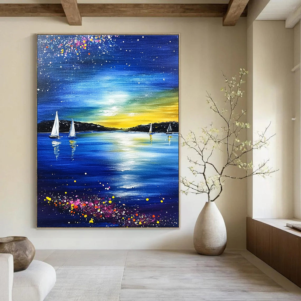 Starry Night Seaside Abstract Painting for Coastal - Themed Living Rooms GAB1015