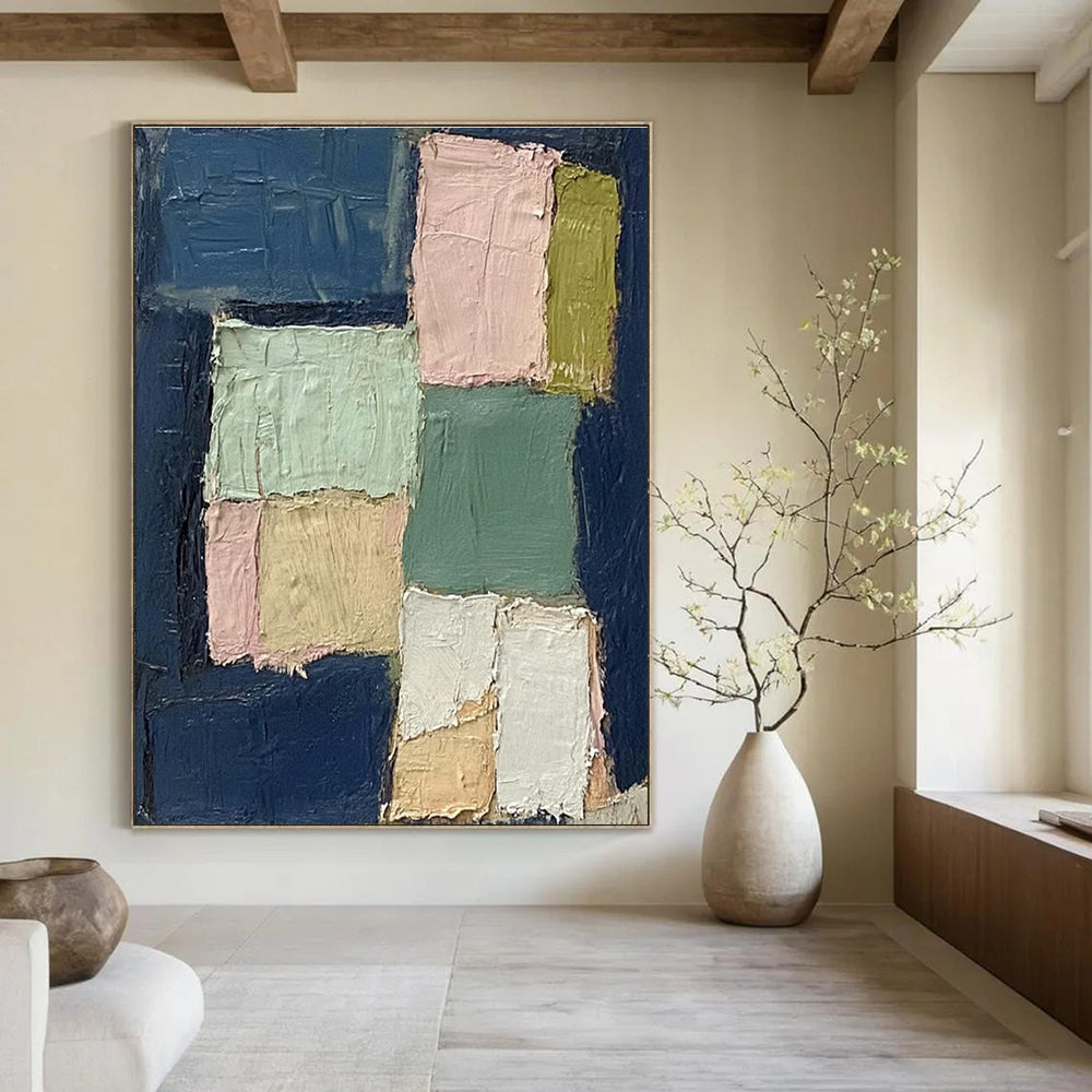 Pastel Patchwork Abstract Painting for Scandinavian - Style Living Rooms HENG013