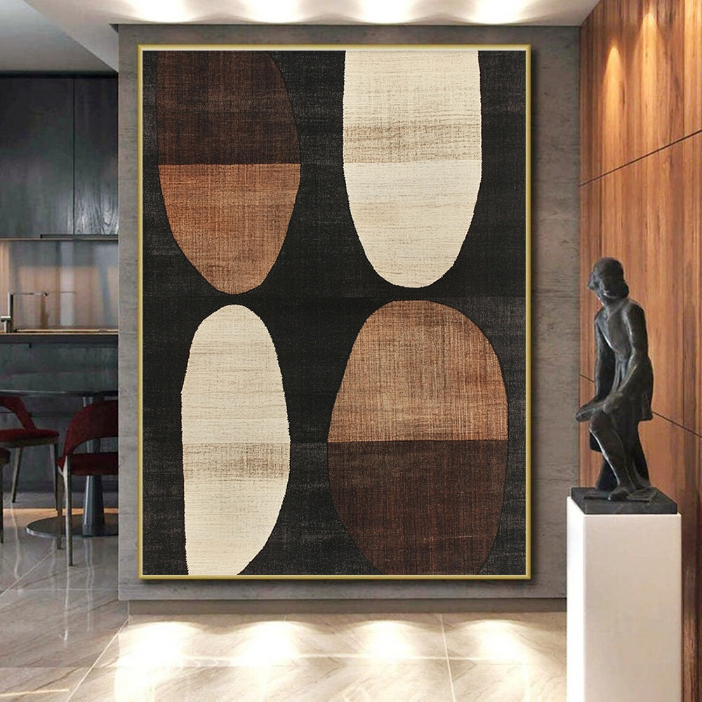 Brown and Black Oval Abstract Painting with Geometric Forms WINK840