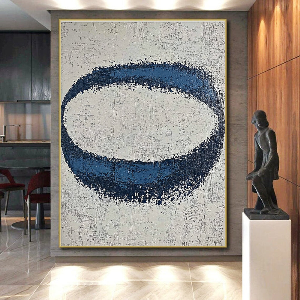 Blue Oval on Textured White Abstract Painting with Tactile Simplicity WINK024
