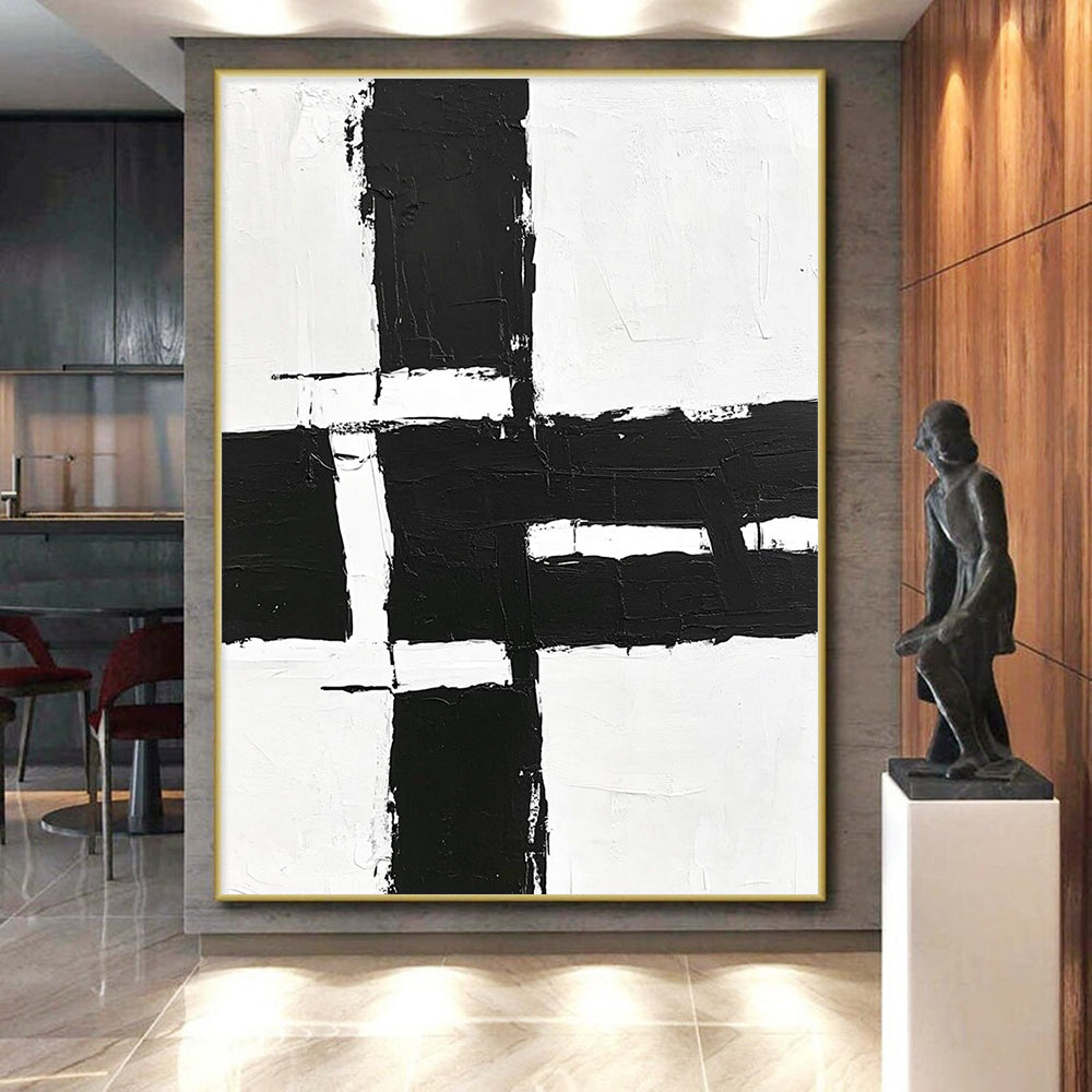 Geometric Black and White Abstract Painting with Structured Clarity WINK348