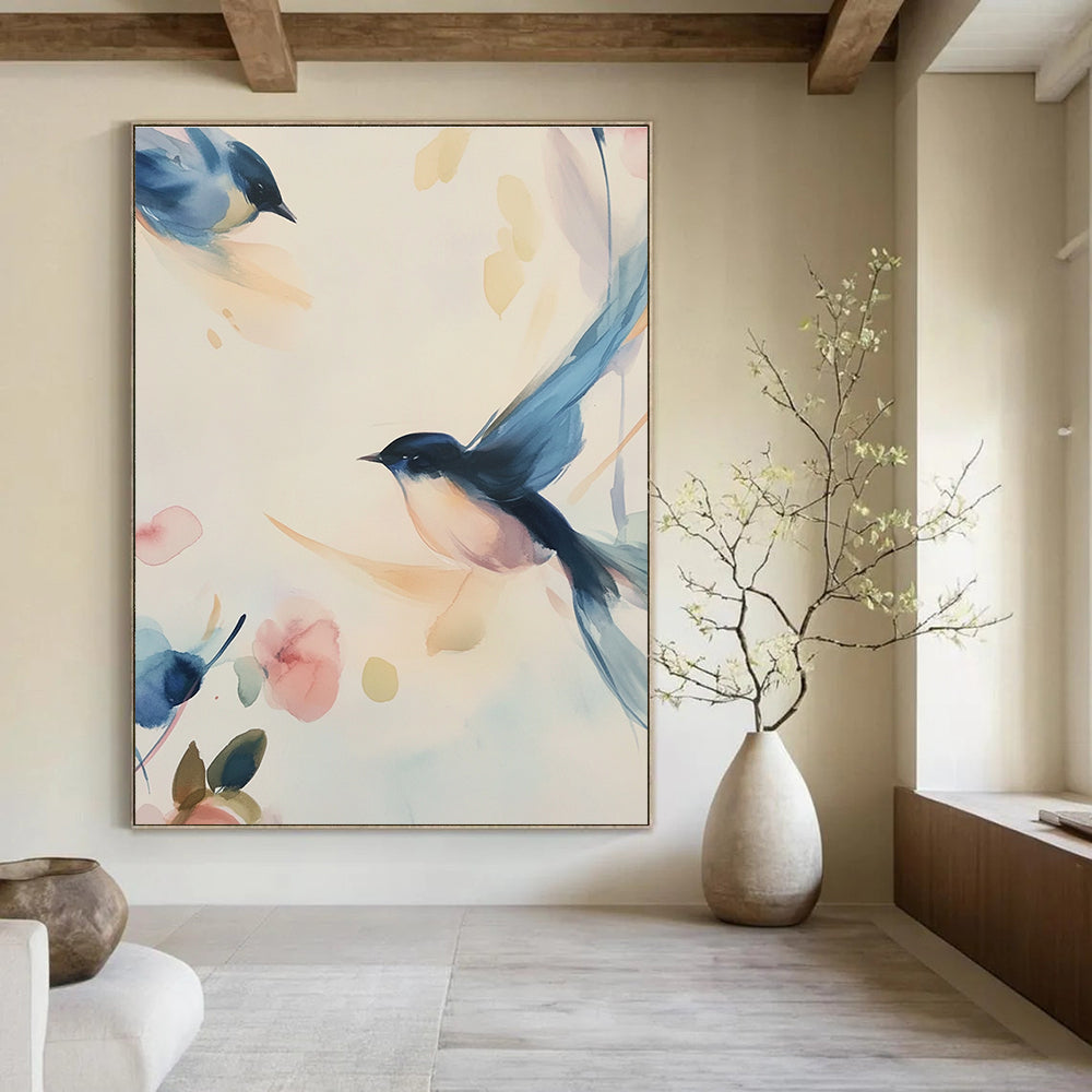 Watercolor Birds and Flowers Abstract Painting for Serene Bedrooms GAB0970