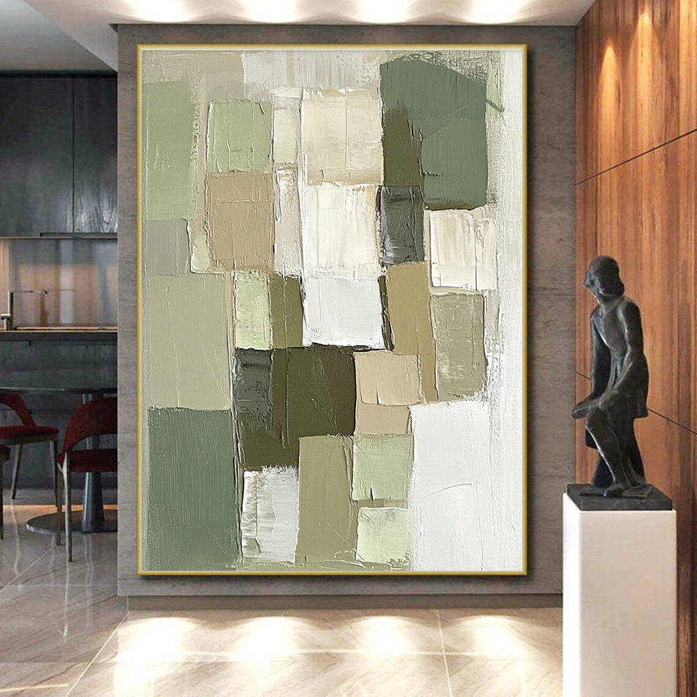 Green and Neutral Tones Abstract Painting with Textured Squares WINK811