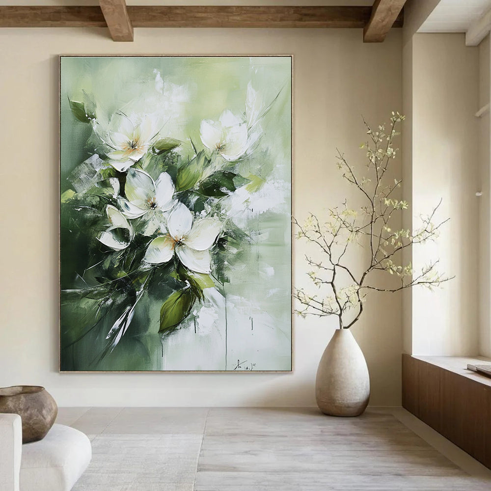 White Flowers on Green Abstract Painting for Elegant Tea Rooms GAB0830