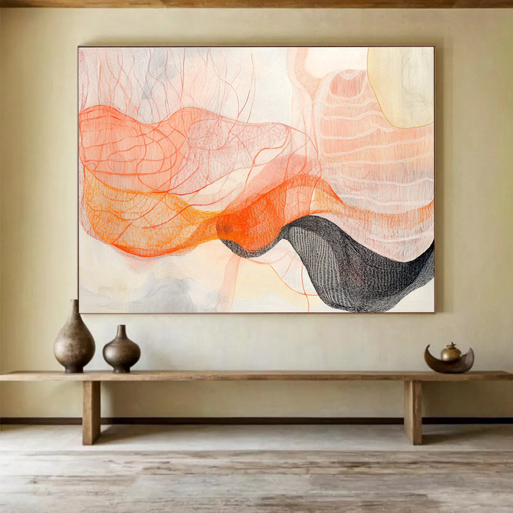 Orange and Pink Line Abstract Painting with Delicate, Flowing Textures ABS462