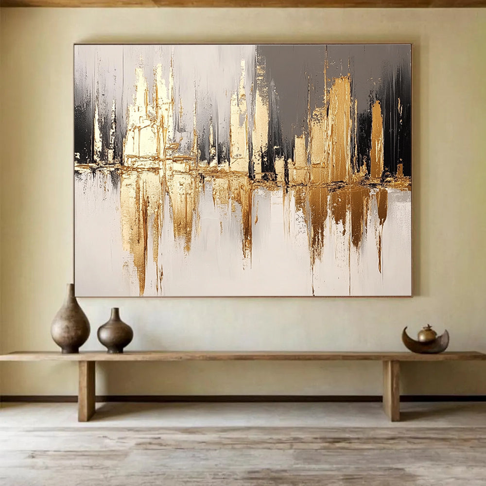 Golden City Reflection with Metallic Accents Abstract Painting ABS311