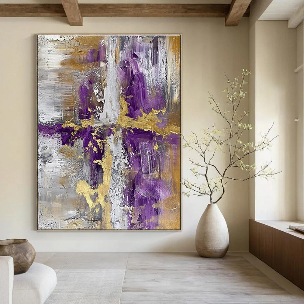Purple - Gold - Gray Abstract Cross Painting for Contemporary Religious Spaces HENG135