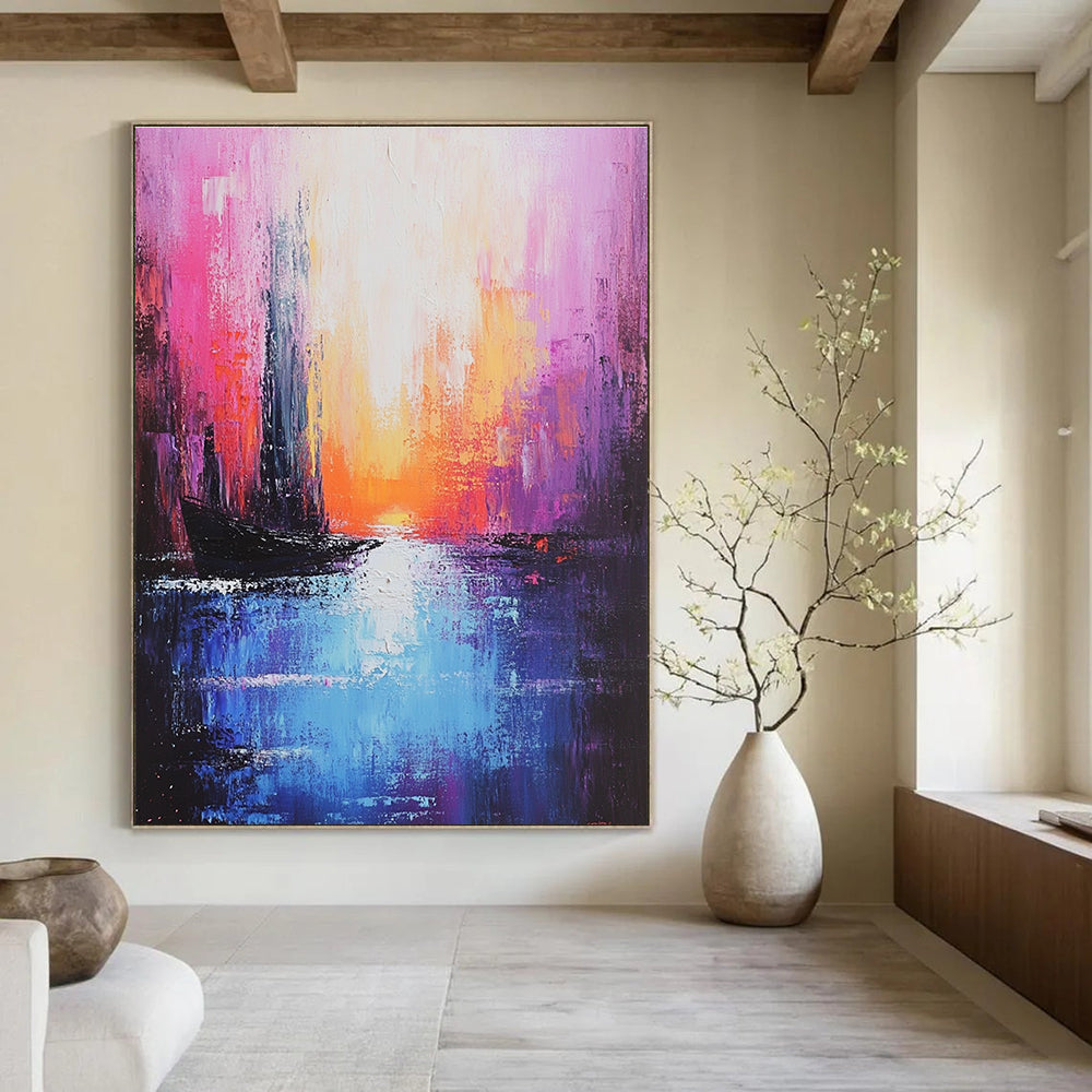 Pink Sunset Cityscape Abstract Painting for Romantic Interiors GAB0734