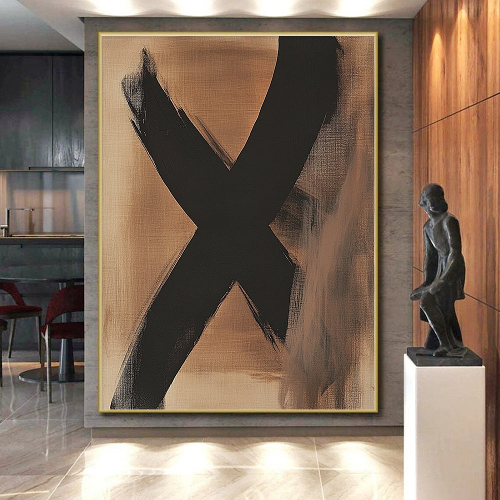 Large Black X on Beige Abstract Painting with Bold Symbolism WINK017