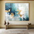 Teal - Gold Abstract Drip Painting for Contemporary Living YHT072