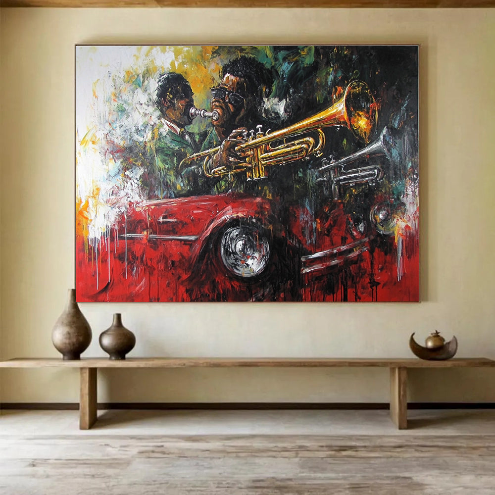 Jazz Musicians and Car Abstract Painting with Dynamic Colors ABS273