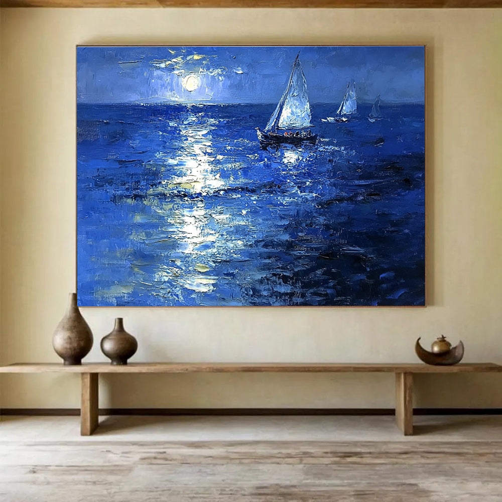 Moonlit Sailboats on Sea Abstract Painting with Nocturnal Serenity ABS601