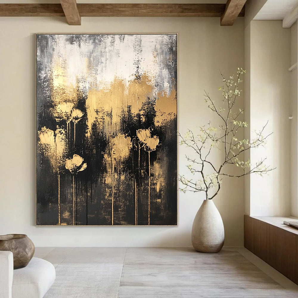 Dark - Toned Abstract Flower Painting with Golden Blooms GAB0667